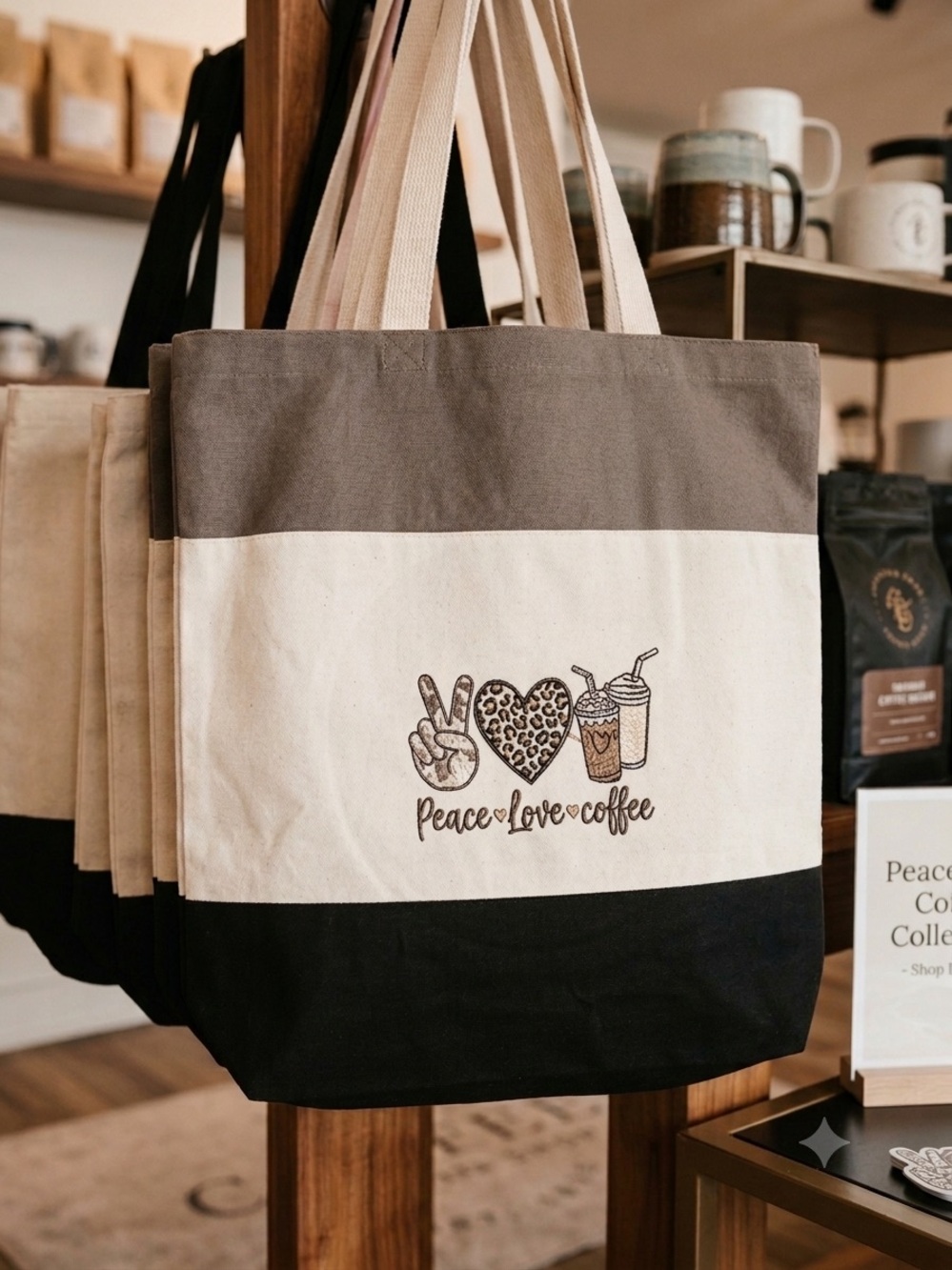 Simply Stitched Canvas Colorblock Tote Bag - Peace Love Coffee - Black & Cream